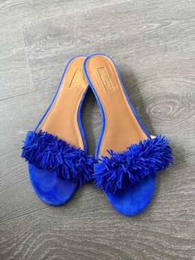 Aquazzura Royal Blue Fringe Suede Slide Mules